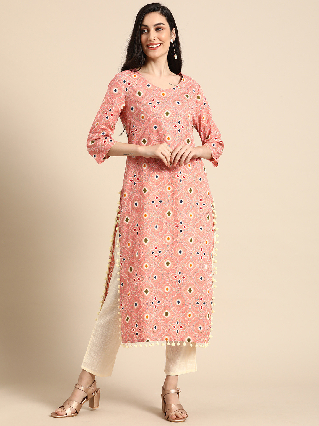 

Anouk Women Pink & White Pure Cotton Geometric Print Kurta