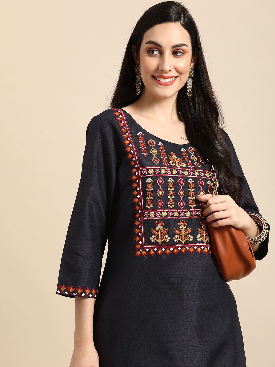

Anouk Women Navy Blue Yoke Design Embroidered Kurta with Trousers