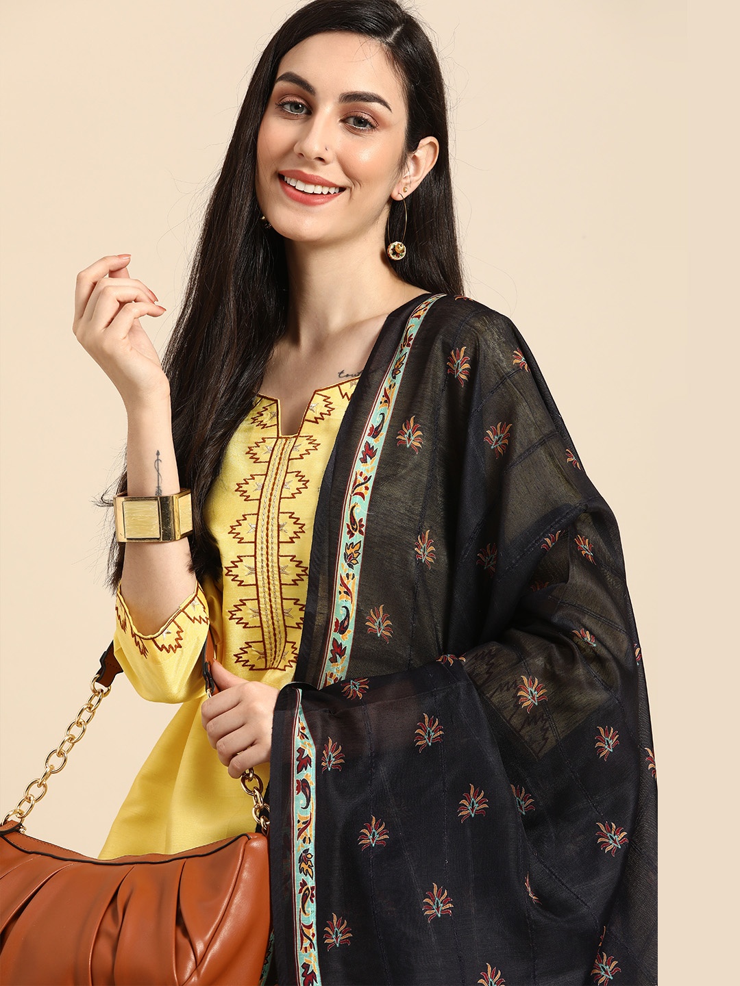 

Anouk Women Yellow & Brown Embroidered Thread Work Kurta with Trousers & Dupatta