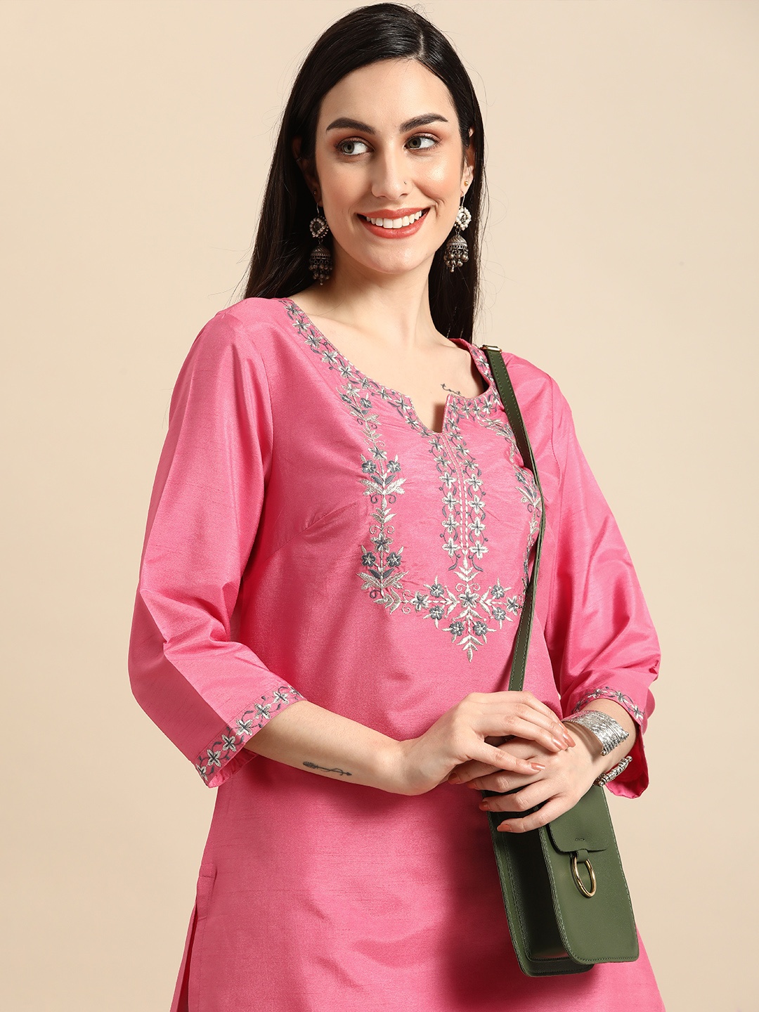 

Anouk Women Pink Yoke Design Embroidered Kurta with Trousers