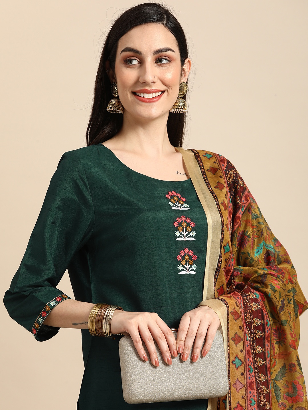 

Anouk Women Green & Mustard Yellow Embroidered Kurta with Trousers & With Dupatta