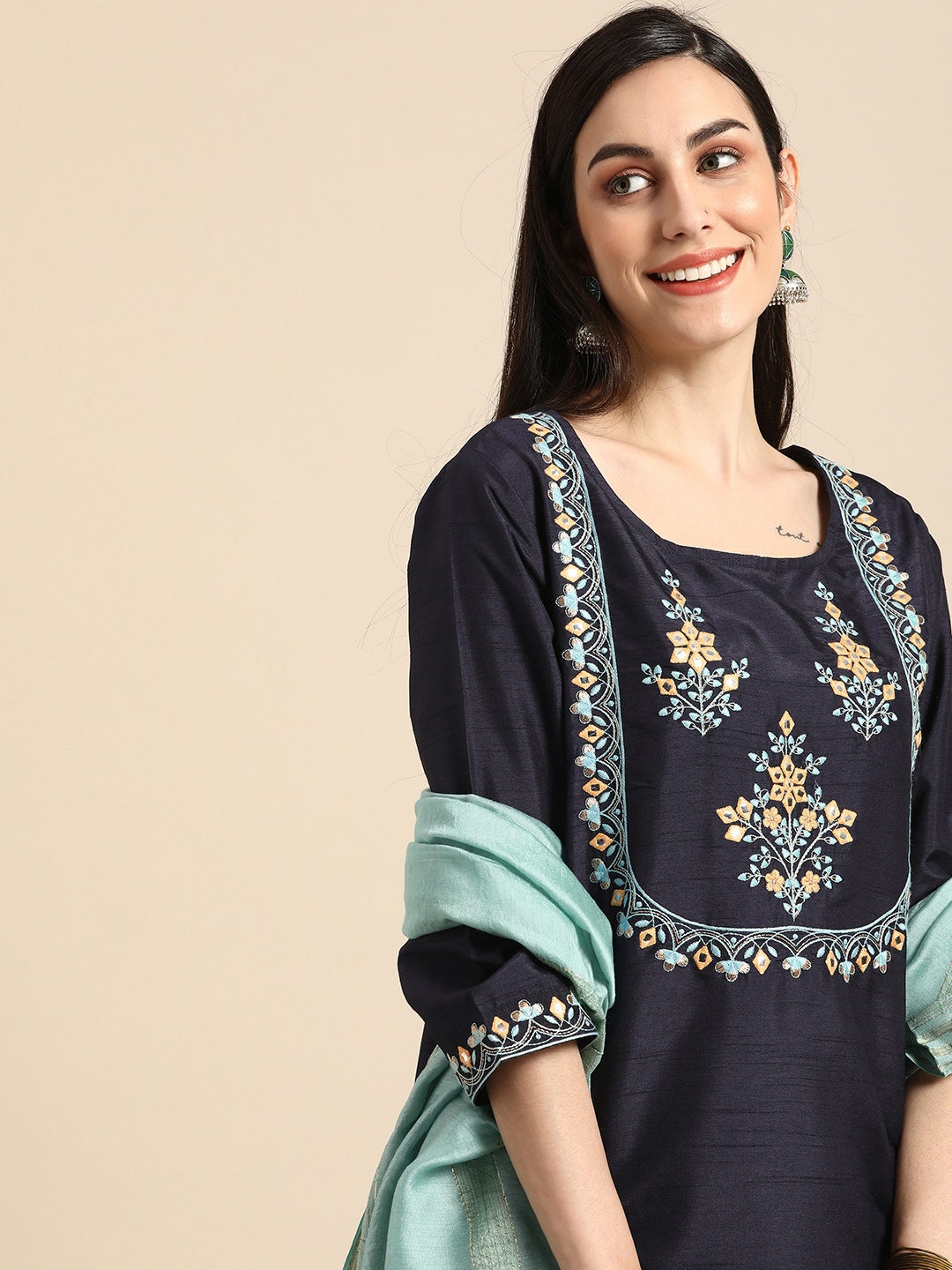 

Anouk Women Navy Blue & Yellow Floral Embroidered Thread Work Kurta with Trouser & Dupatta