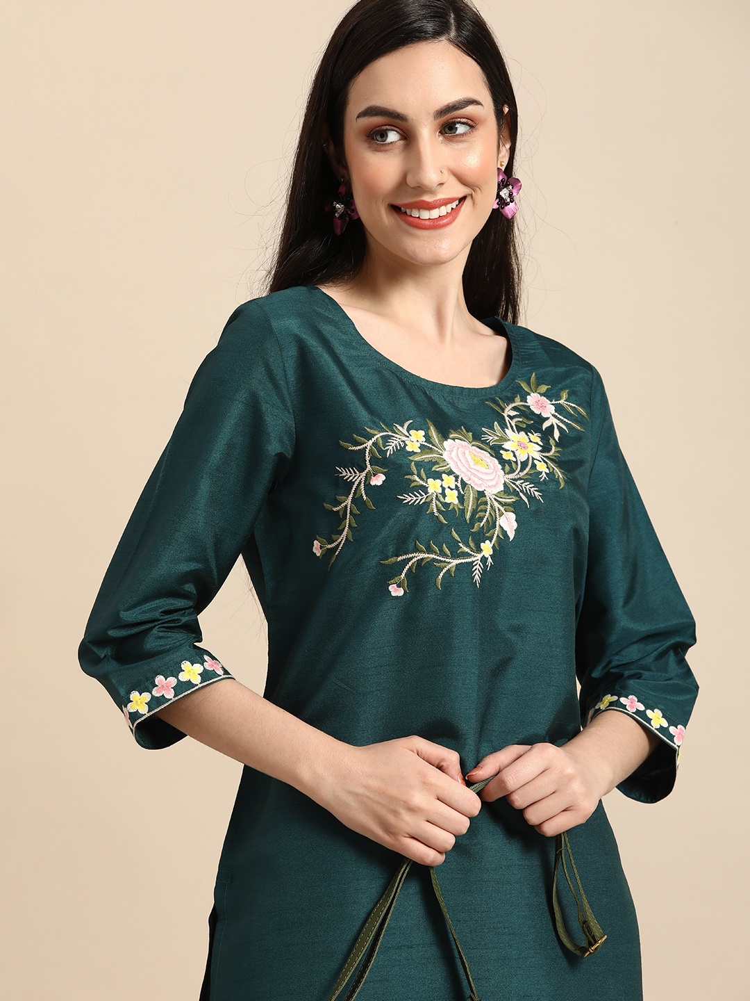 

Anouk Women Teal Green & White Embroidered Kurta with Trousers
