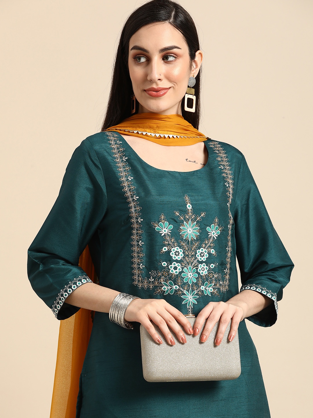 

Anouk Women Teal & Mustard Yellow Floral Embroidered Kurta with Trousers & Dupatta
