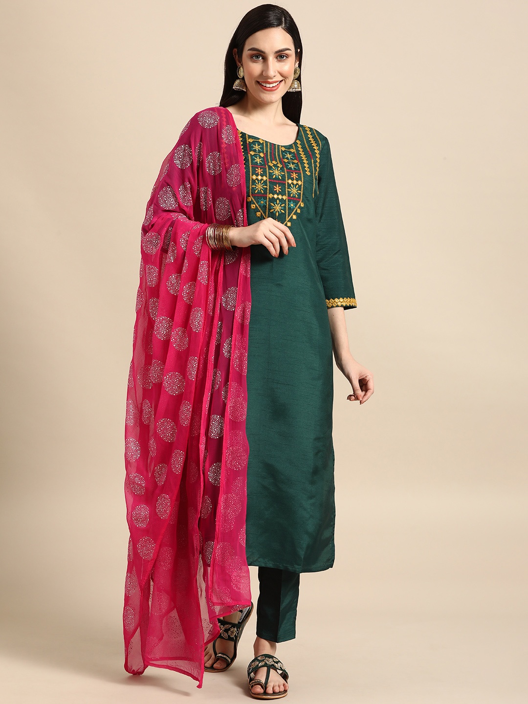 

Anouk Women Green & Fuchsia Pink Embroidered Kurta with Trousers & With Dupatta