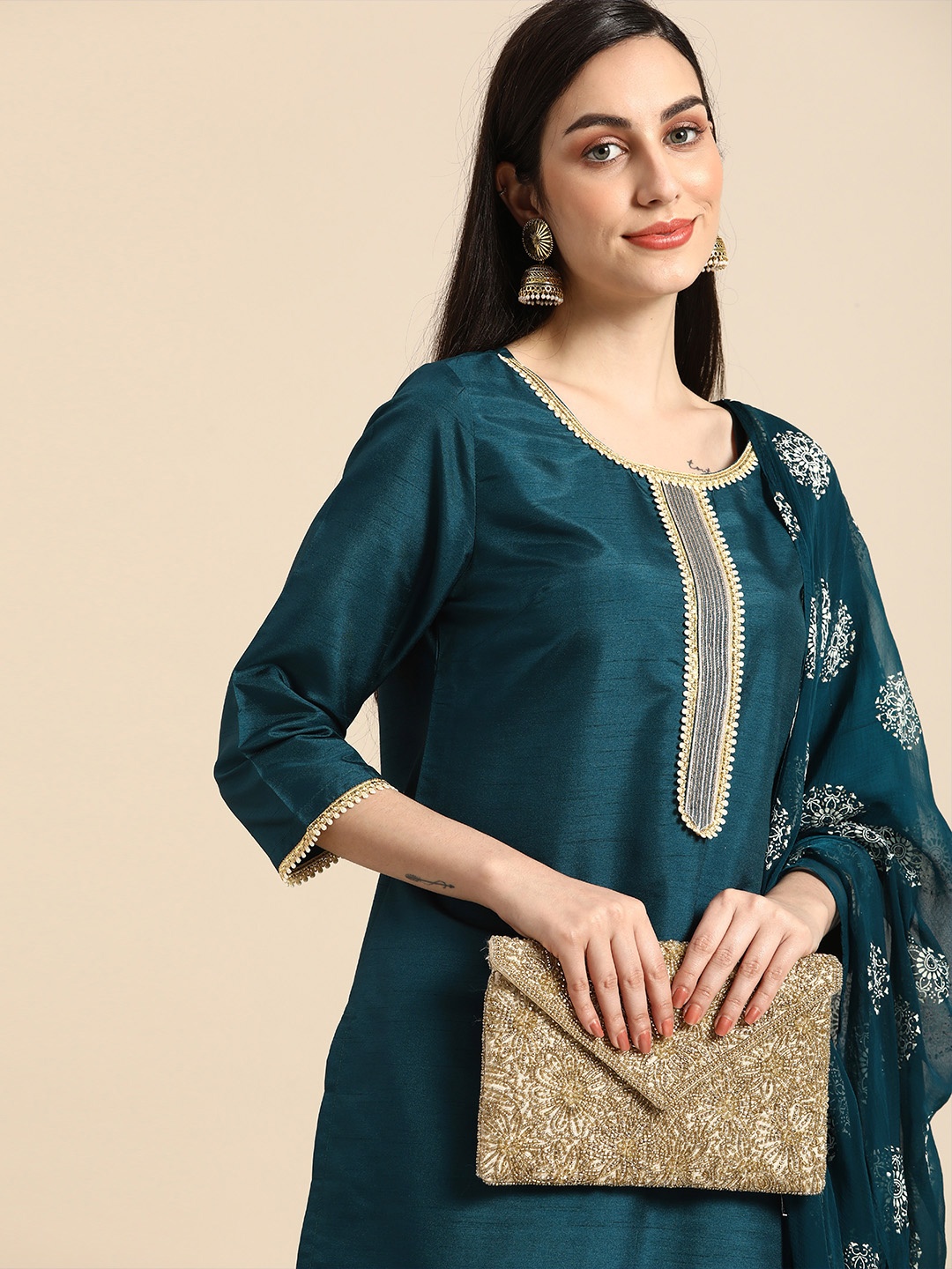 

Anouk Women Teal Green & Gold-Toned Gotta Patti Kurta with Trousers & Dupatta