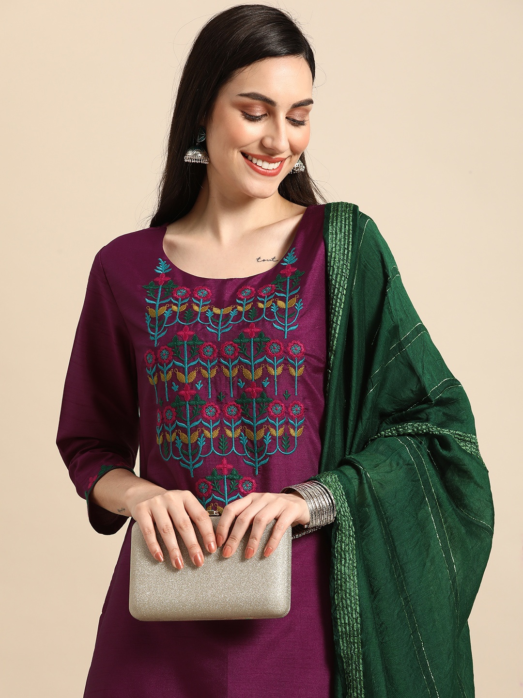 

Anouk Women Purple & Green Embroidered Kurta with Trousers & With Dupatta