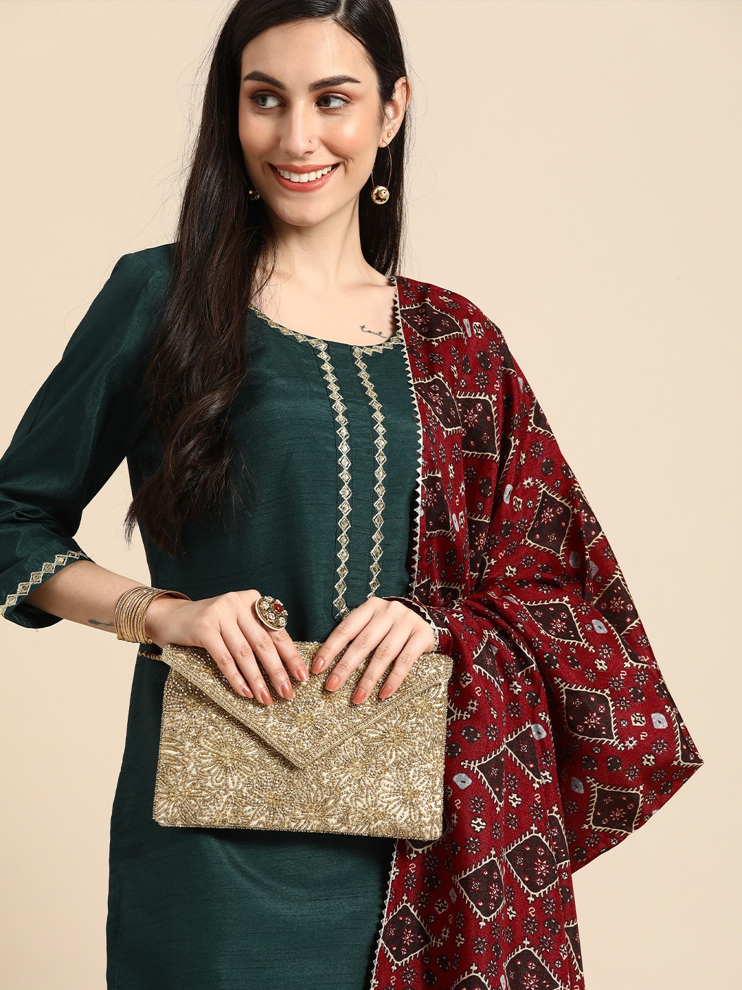 

Anouk Women Green & Gold-Toned Embroidered Gotta Patti Kurta with Trousers & Dupatta