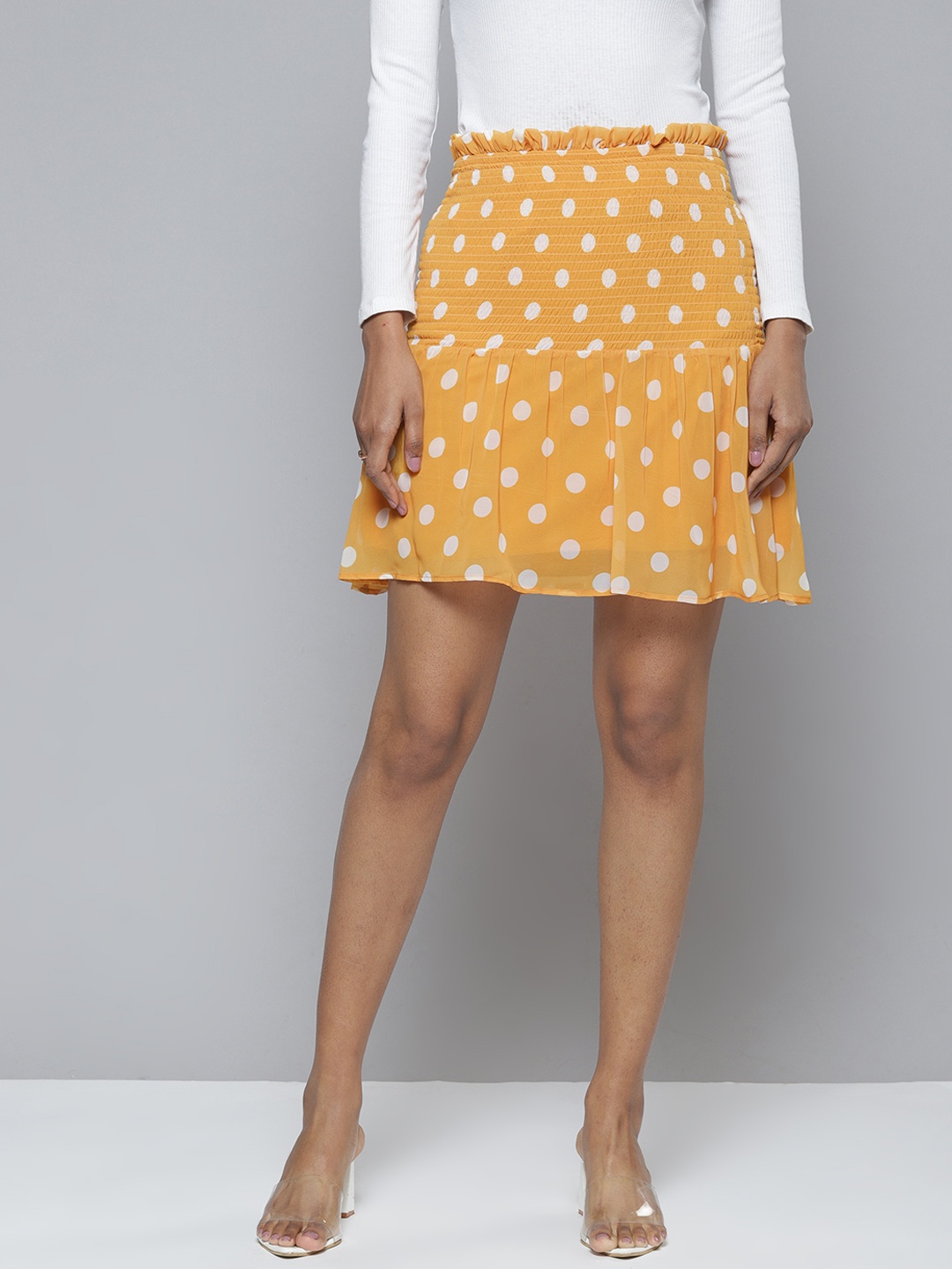 

SASSAFRAS Women Mustard Yellow & White Polka Dots Printed Smocked Waist Mini Flared Skirt