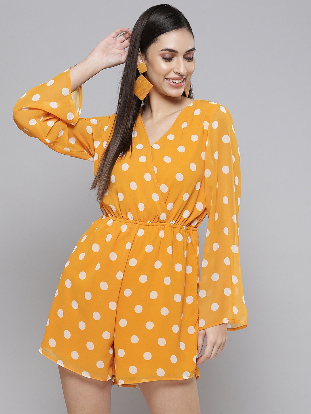 

SASSAFRAS Mustard Yellow & White Polka Printed Wrap Romper