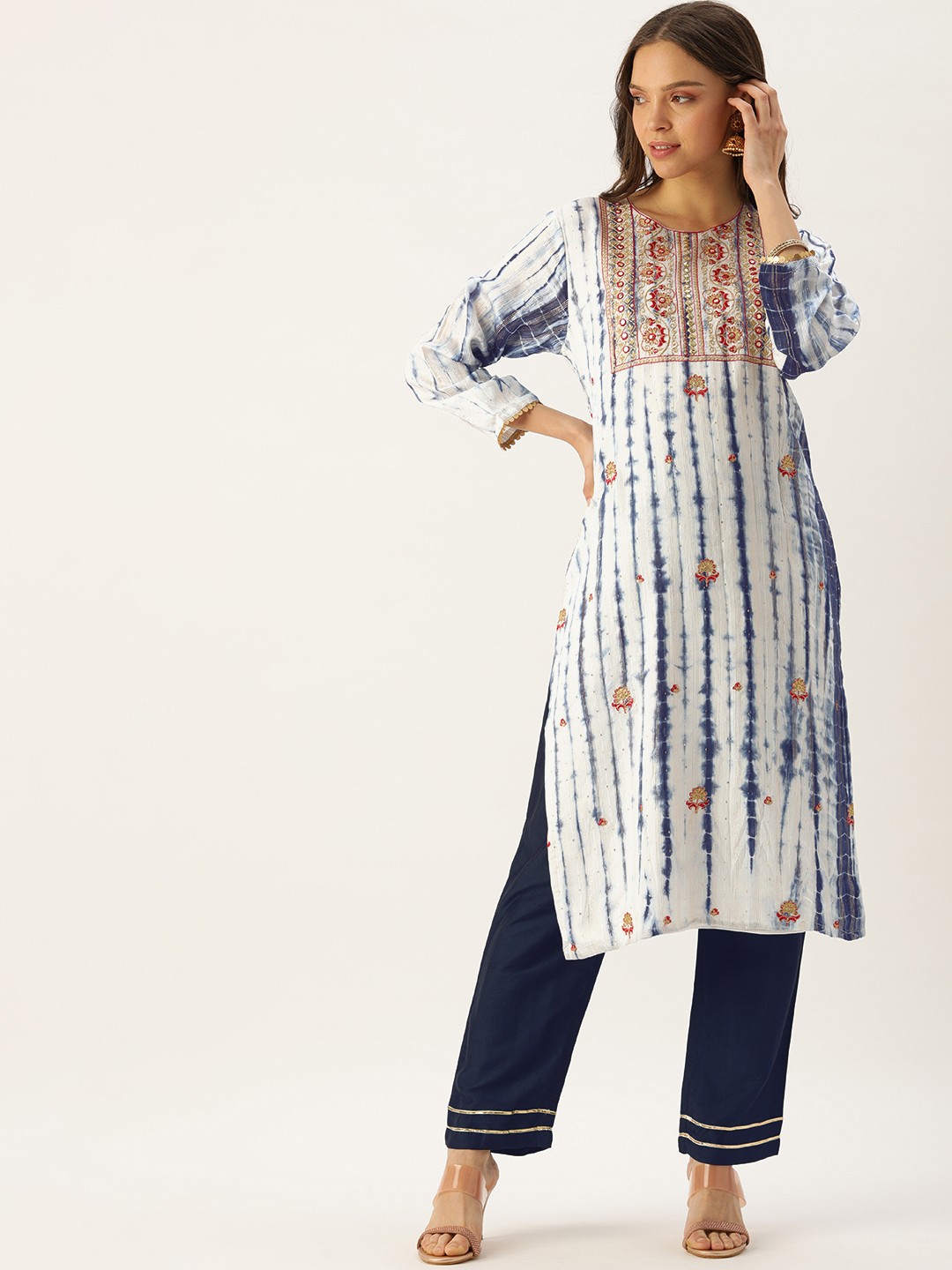 

SWAGG INDIA Women Navy Blue & White Dyed Mirror Work Chanderi Silk Kurta with Trousers