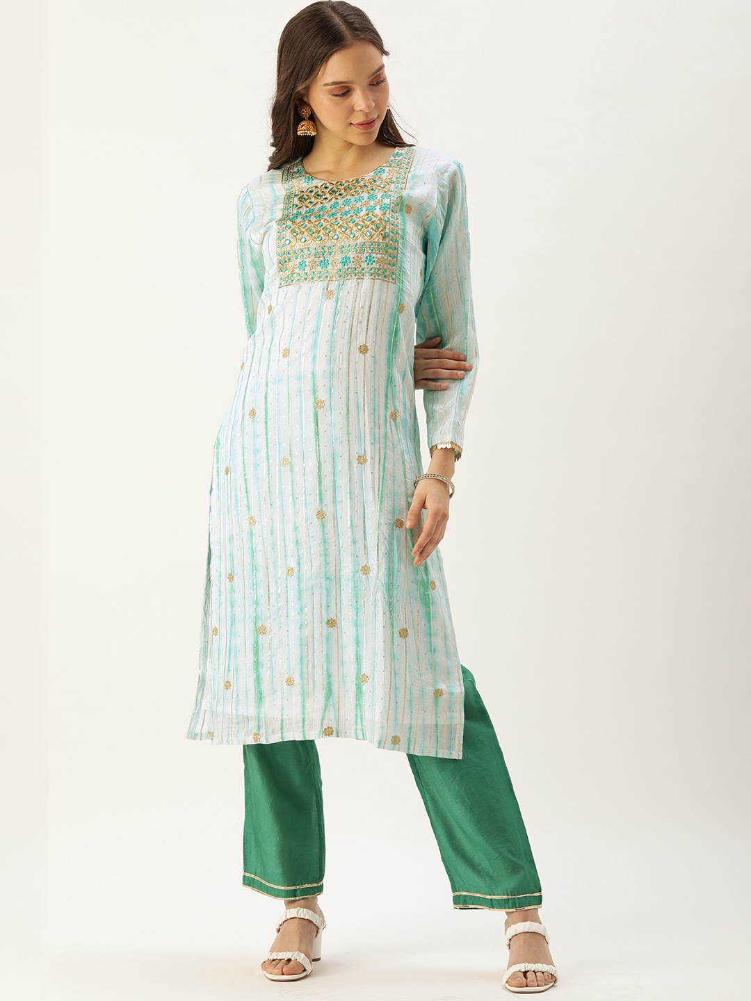 

SWAGG INDIA Women Green Dyed Mirror Work Chanderi Silk Kurta with Trousers