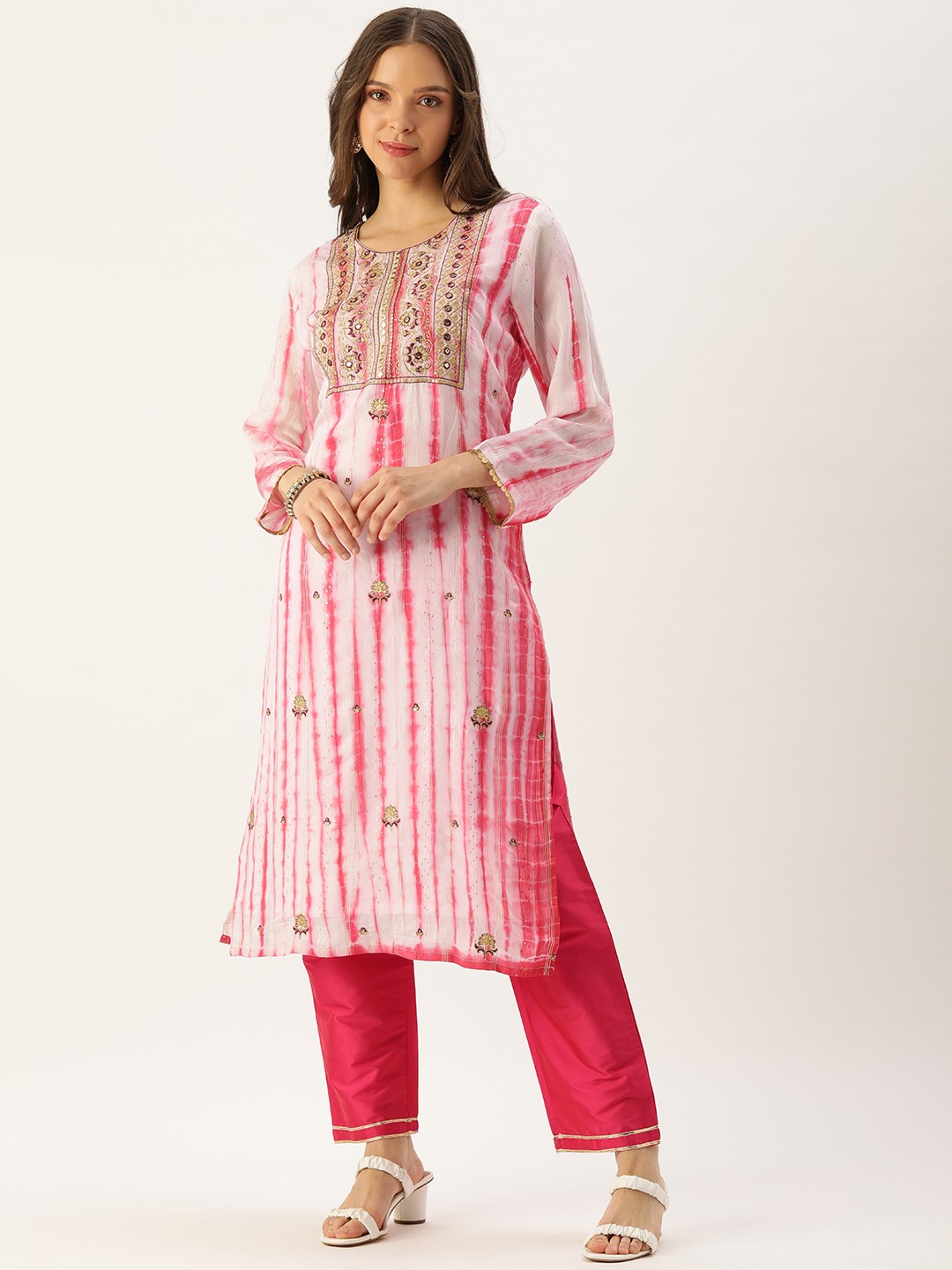 

SWAGG INDIA Women Pink & Golden Dyed Mirror Work Chanderi Silk Kurta with Trousers