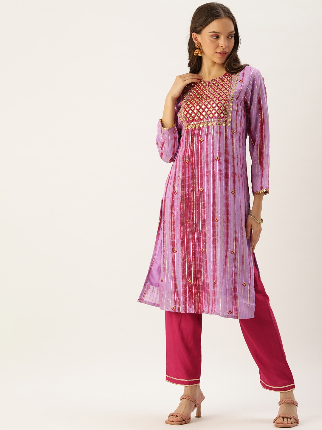 

SWAGG INDIA Women Purple & Pink Dyed Mirror Work Chanderi Silk Kurta with Trousers