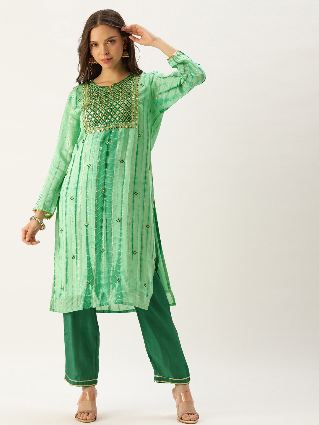

SWAGG INDIA Women Green Dyed Mirror Work Chanderi Silk Kurta with Trousers