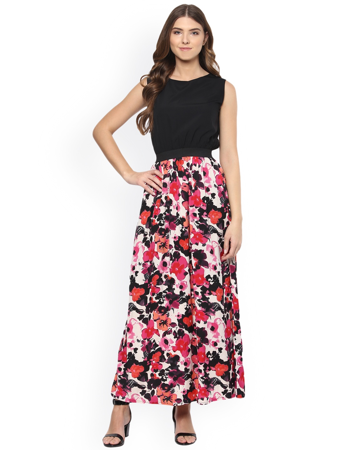 

Harpa Women Black & Pink Floral Print Maxi Dress