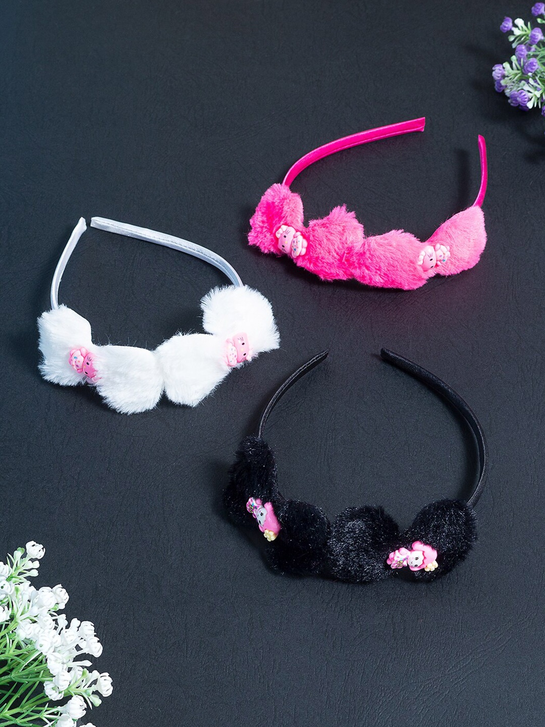

Golden Peacock Women Multicoloured Set of 3 Fur Embellished Hairband, Multi