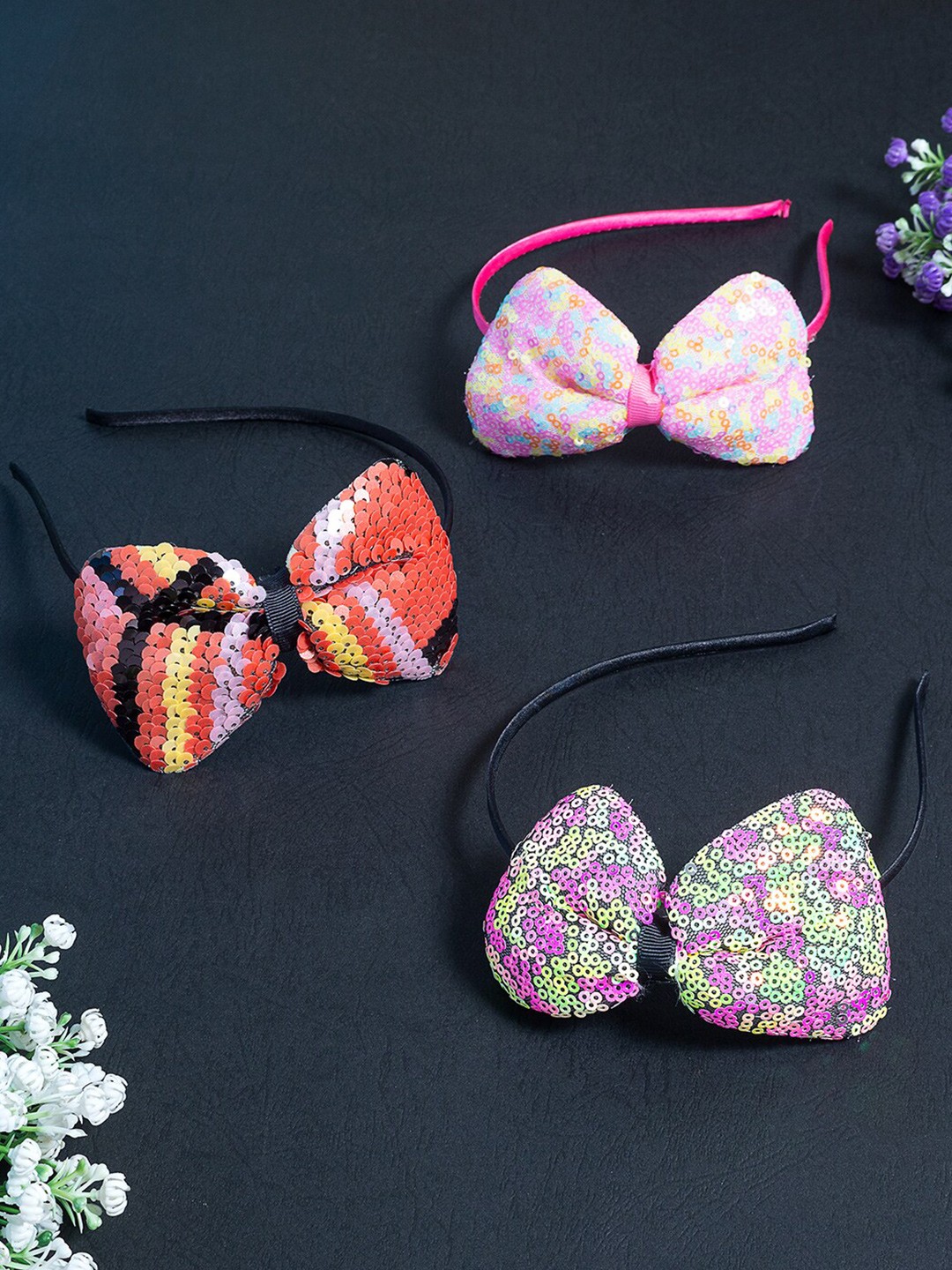 

Golden Peacock Women Multicoloured Set of 3 Embellished Bow Detail Sequinned Hairband, Multi