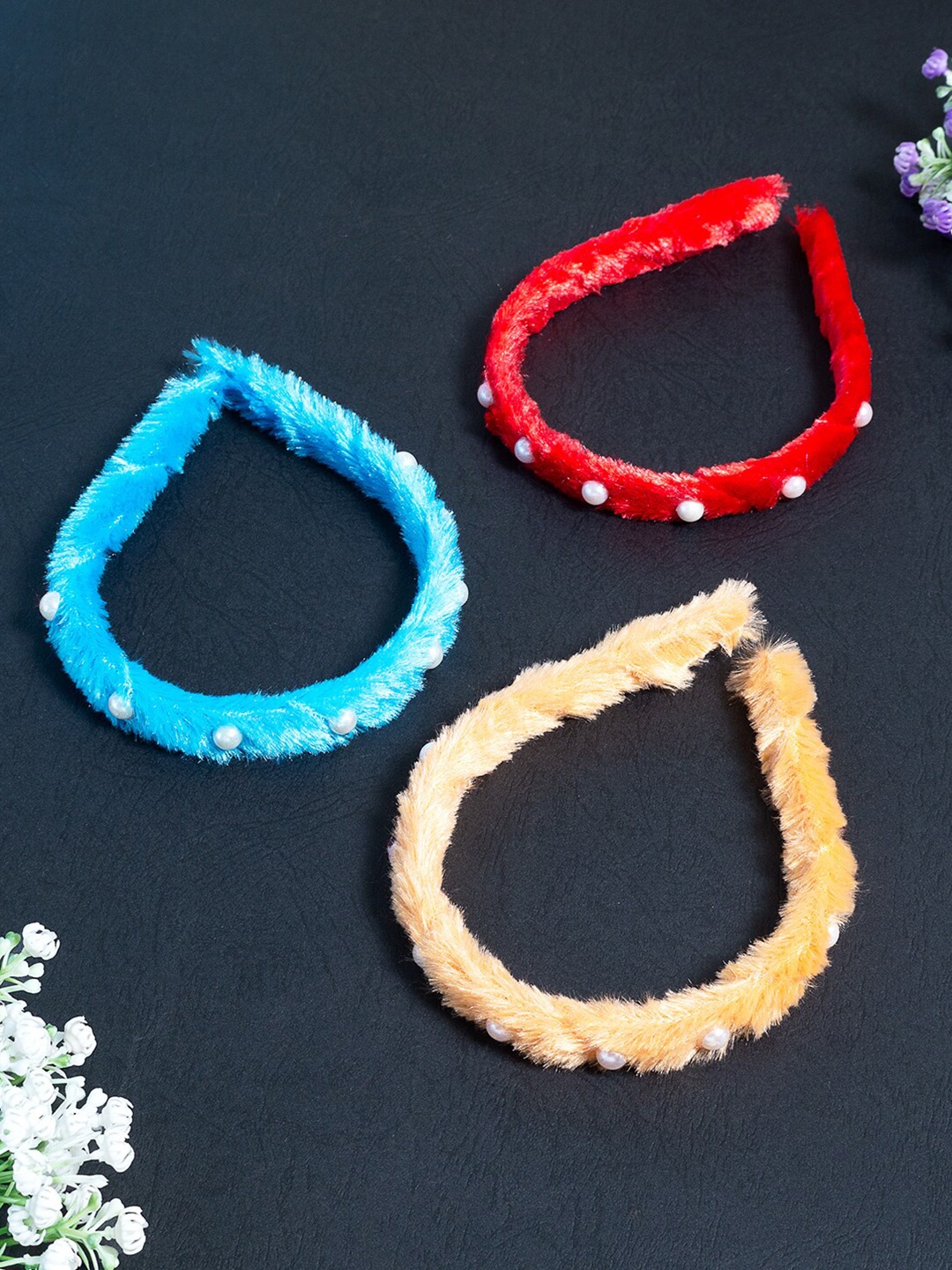 

Golden Peacock Girls Multicoloured Set of 3 Fur Embellished Hairband, Multi