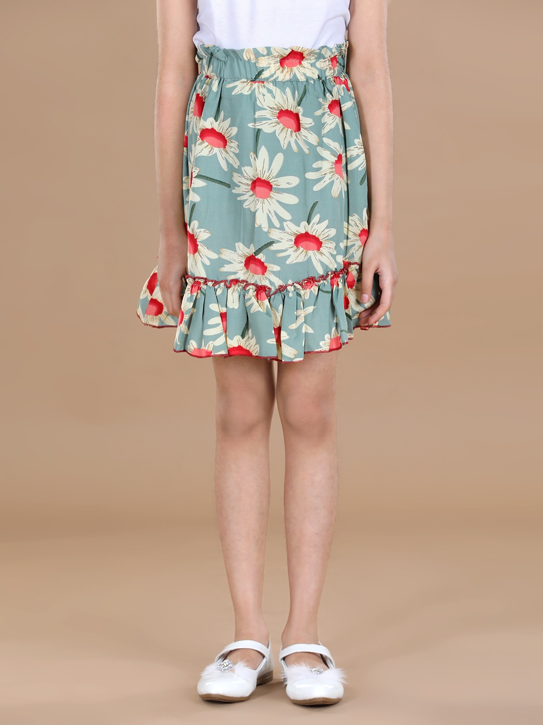 

Cutiekins Girls Green & Red Floral Printed Mini Skirt