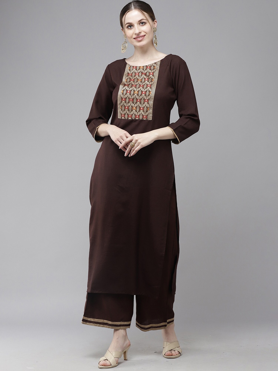 

Indo Era Women Brown & Golden Yoke Design Pure Cotton Kurta with Palazzos