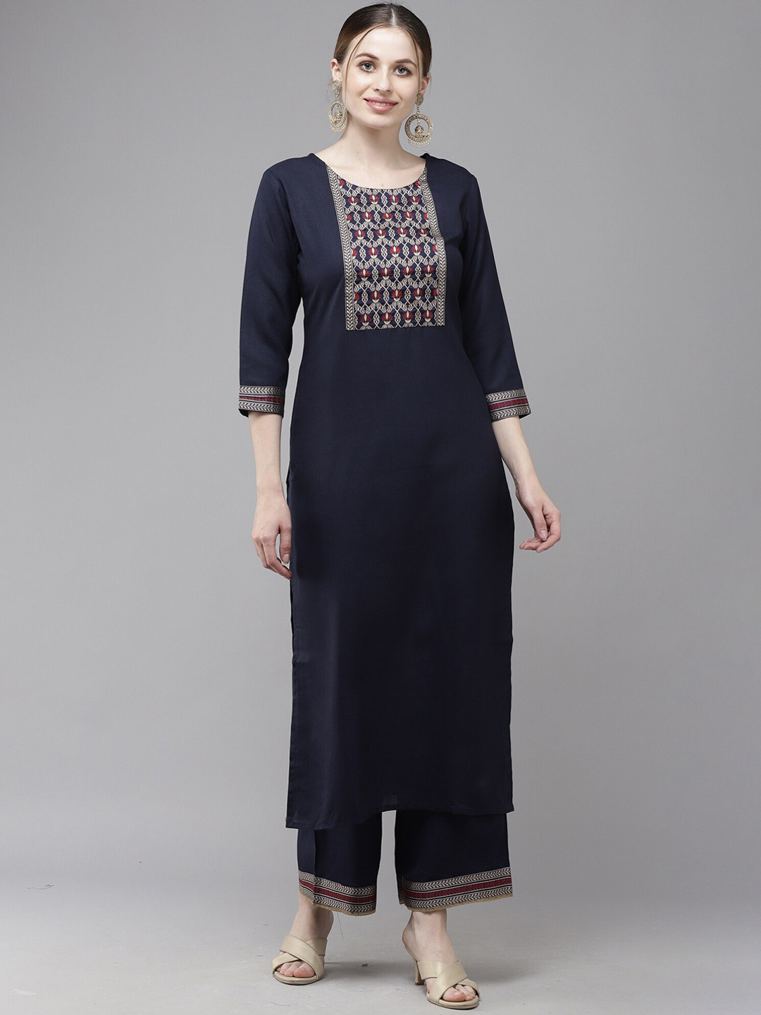 

Indo Era Women Navy Blue Yoke Design Pure Cotton Kurta with Palazzos