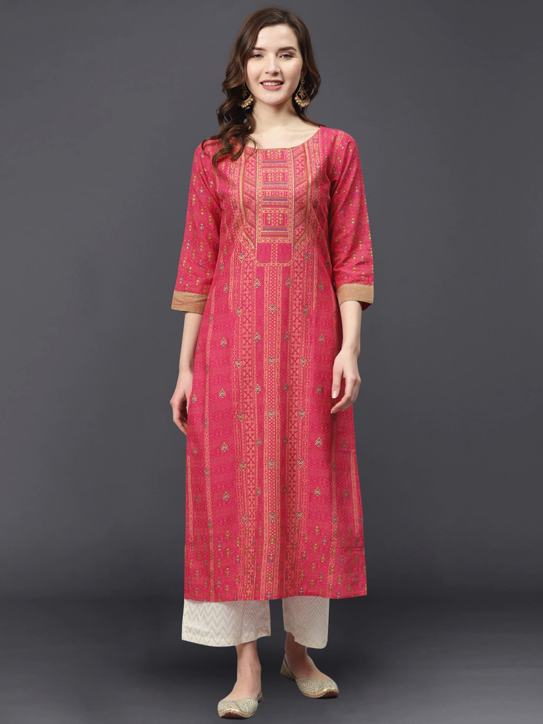 

Indo Era Women Pink Ethnic Motifs Foil Printed Kurta