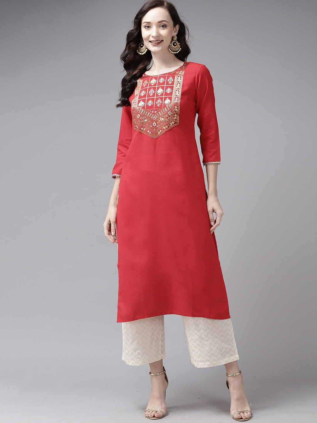 

Indo Era Women Red & Gold-Toned Ethnic Motifs Yoke Design Kurta