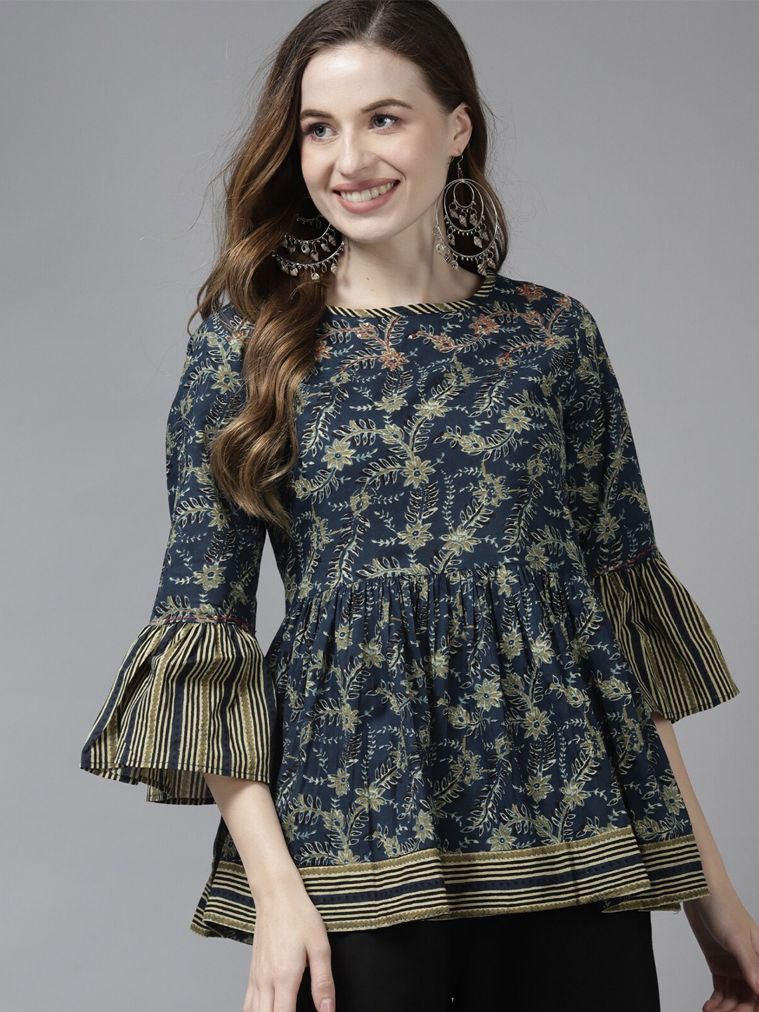 

Indo Era Navy Blue Floral Printed Kurti