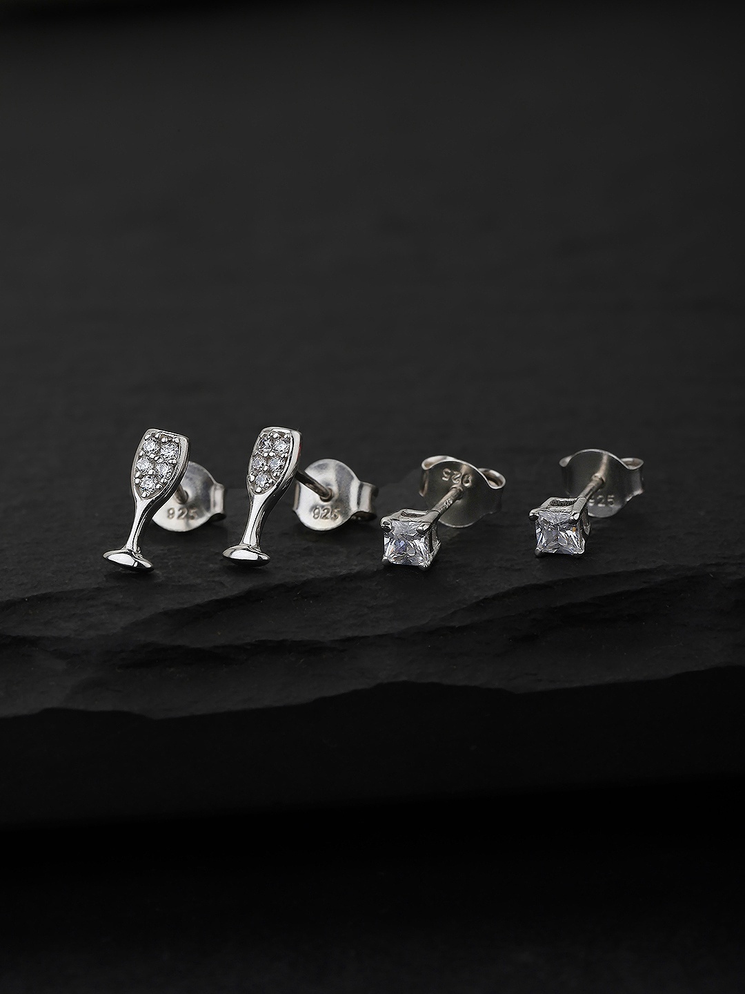 

VANBELLE Set Of 2 Silver-Toned & White Contemporary Studs Earrings
