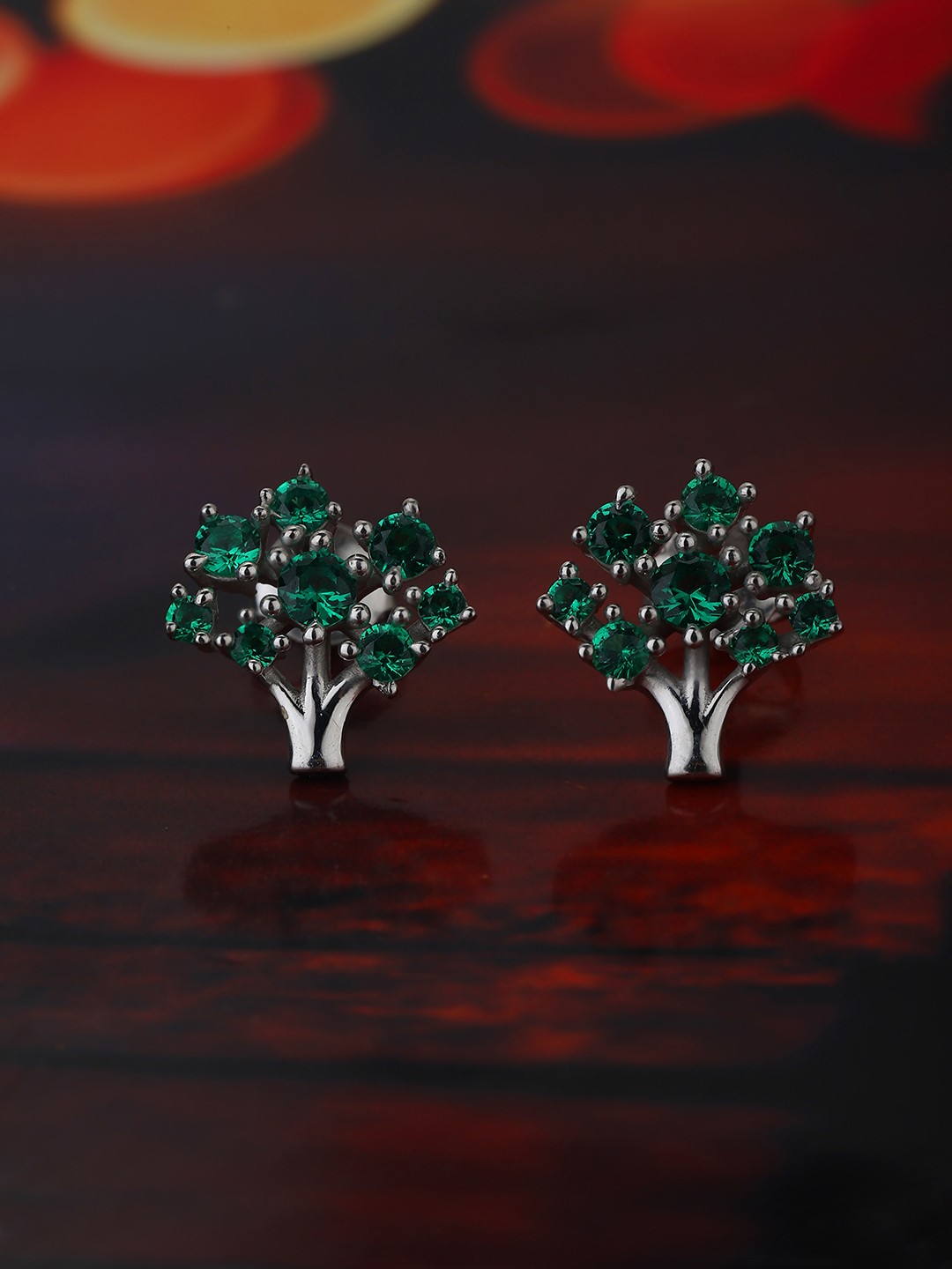 

VANBELLE 925 Silver-Toned & Green Stone Studded Contemporary Studs Earrings