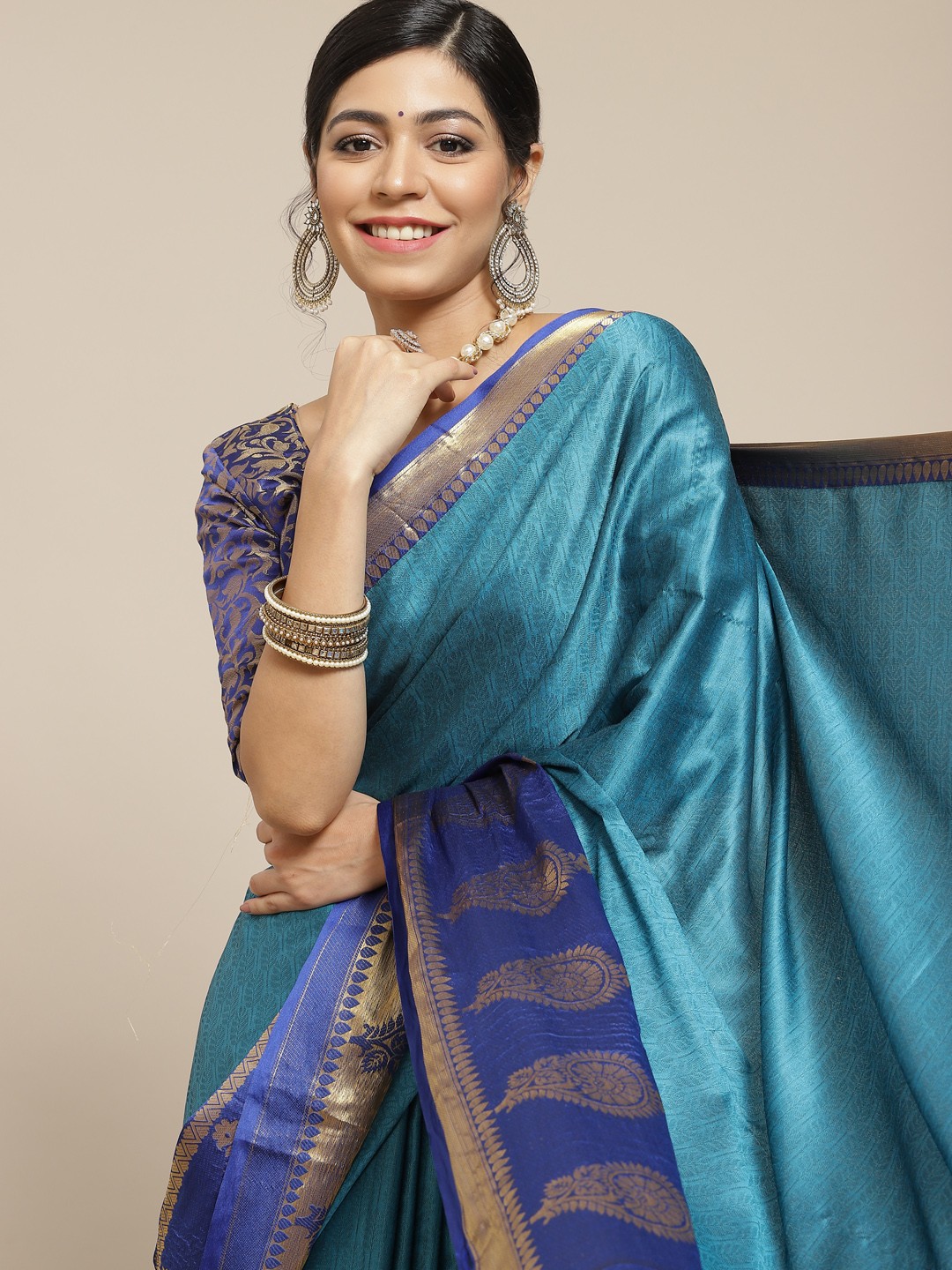 

Mitera Blue Woven Design Silk Cotton Kanjeevaram Saree