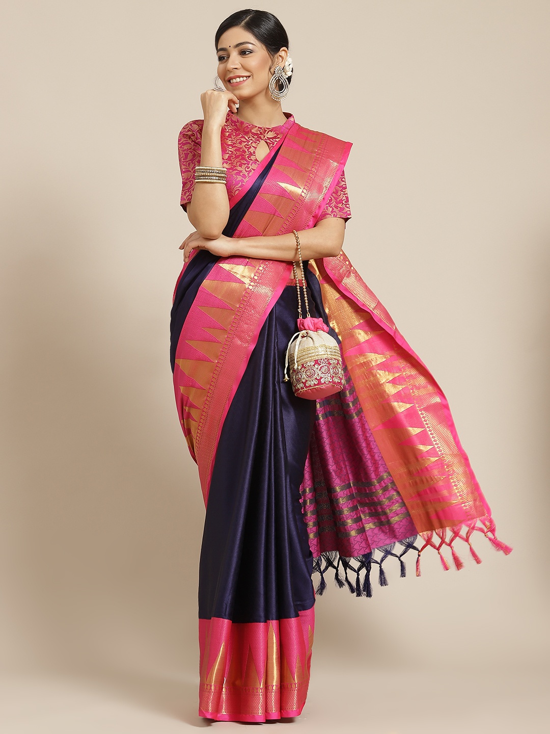 

Mitera Navy Blue & Pink Woven Design Silk Cotton Kanjeevaram Saree