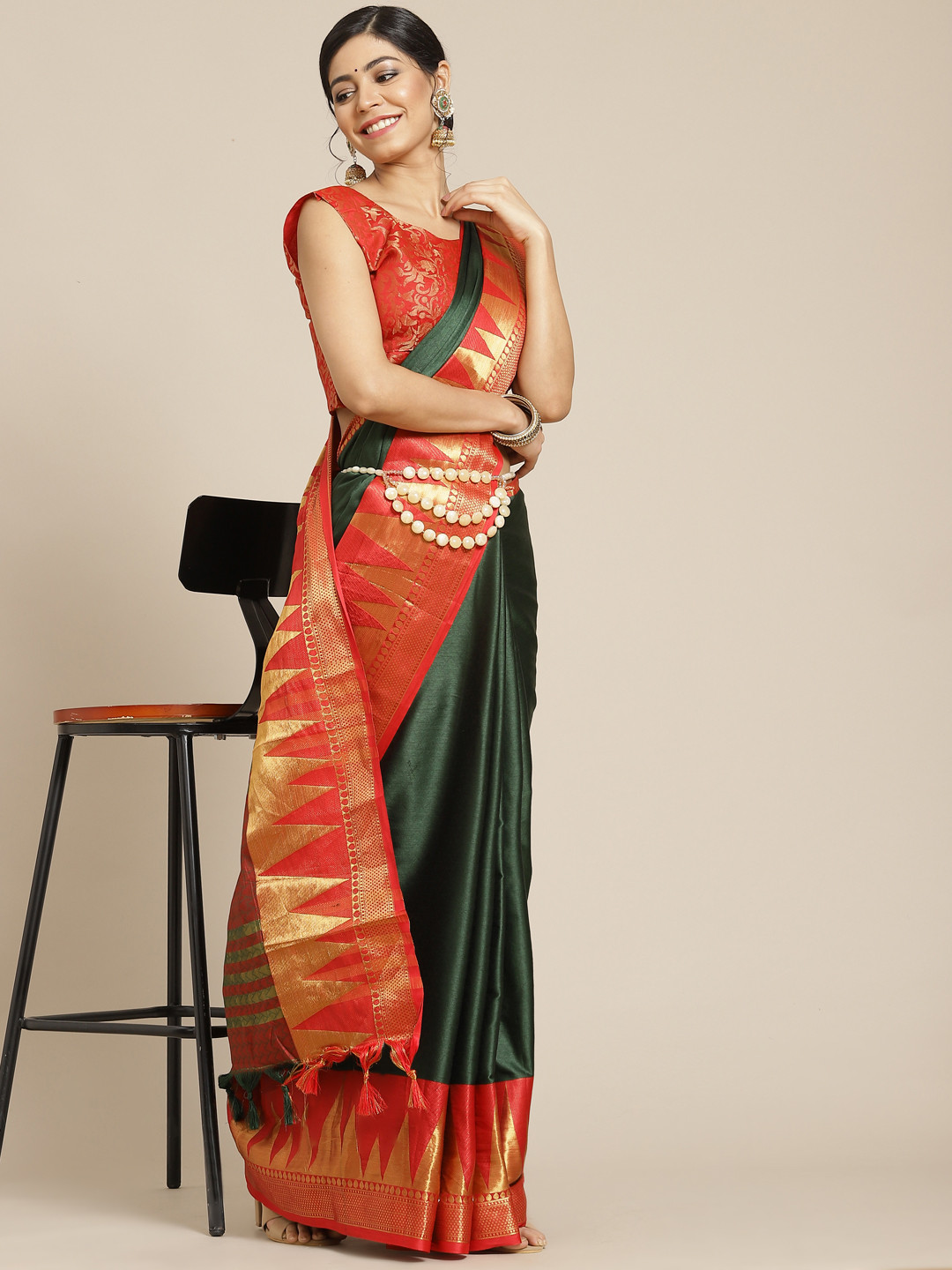 

Mitera Green & Red Woven Design Zari Silk Cotton Kanjeevaram Saree