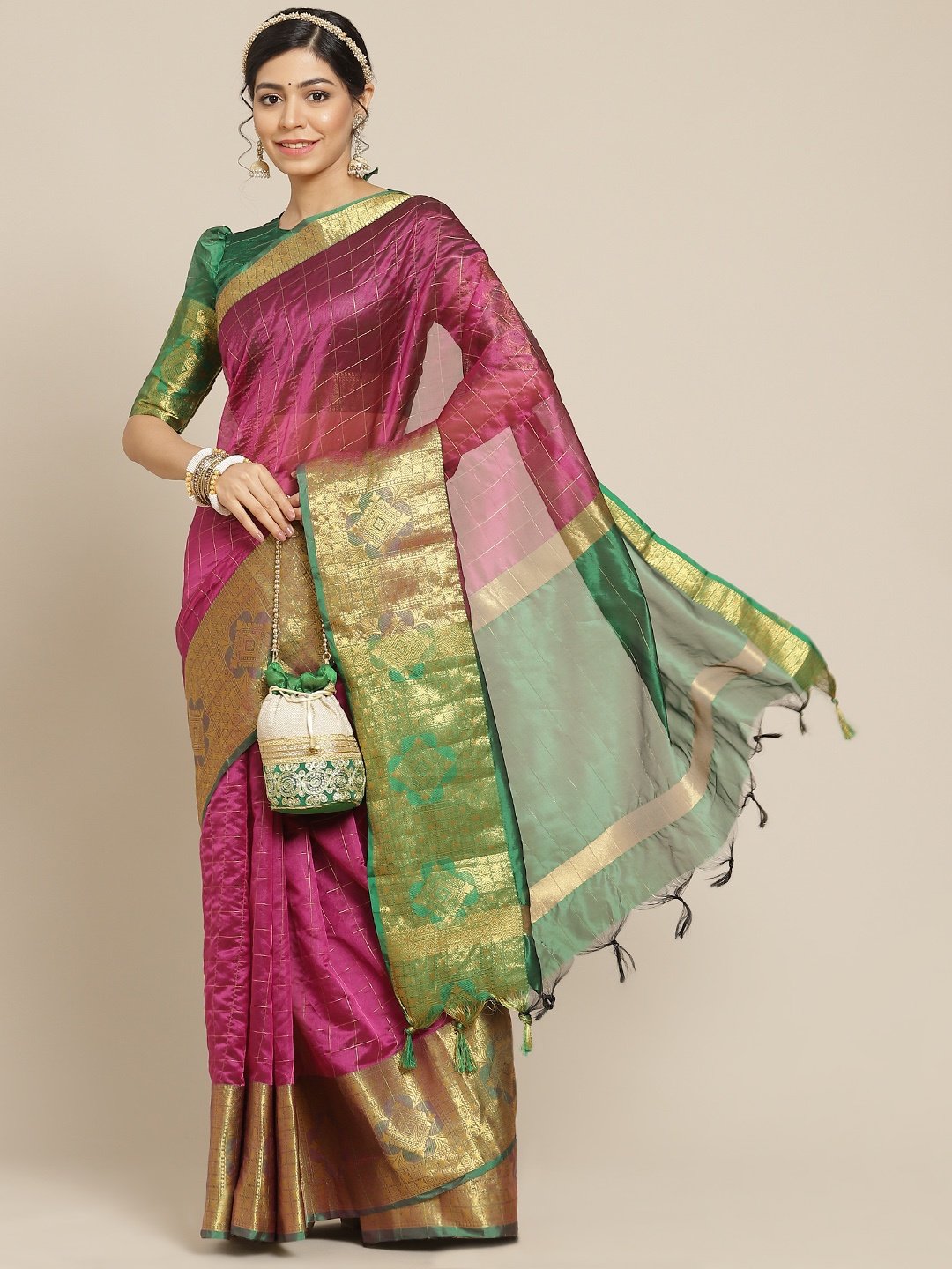 

Mitera Magenta & Green Woven Design Kanjeevaram Saree