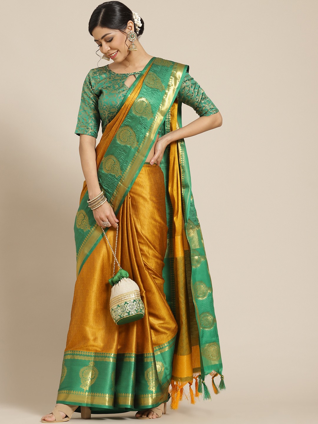 

Mitera Yellow & Green Woven Design Silk Cotton Kanjeevaram Saree