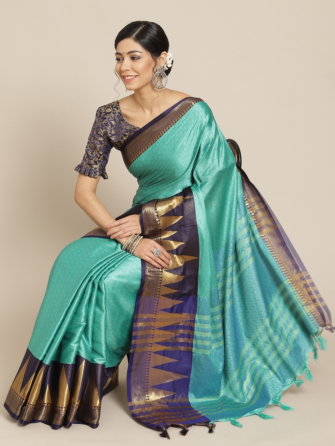 

Mitera Turquoise Blue & Navy Blue Woven Design Zari Silk Cotton Kanjeevaram Saree