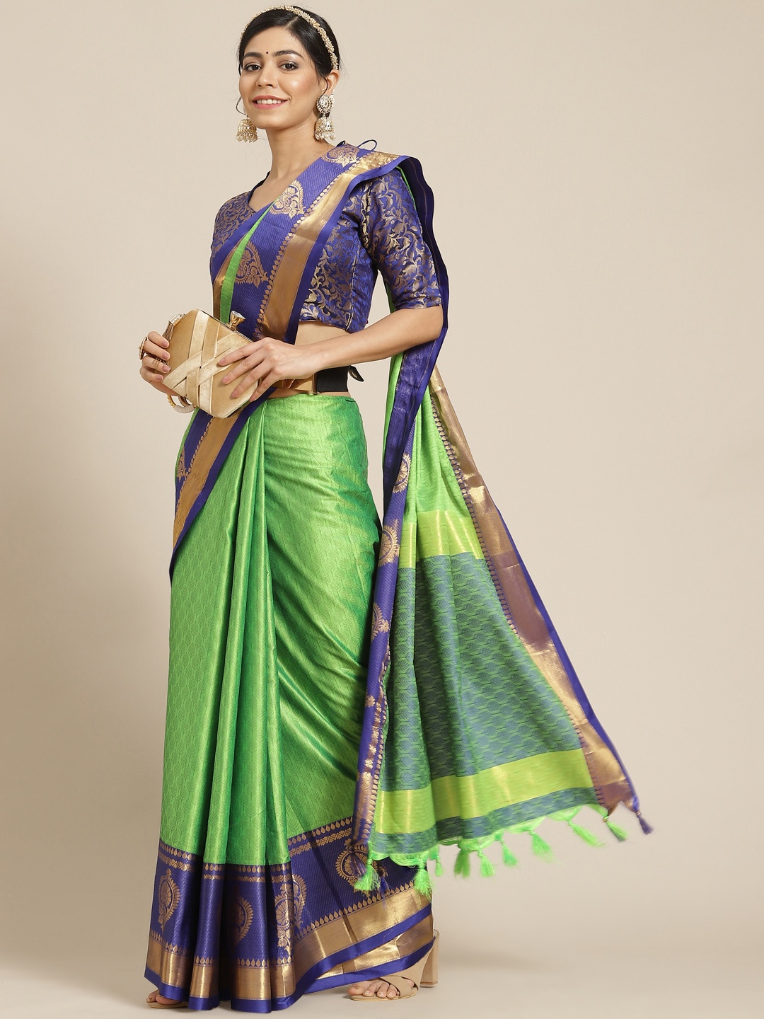 

Mitera Green & Blue Woven Design Zari Silk Cotton Kanjeevaram Saree