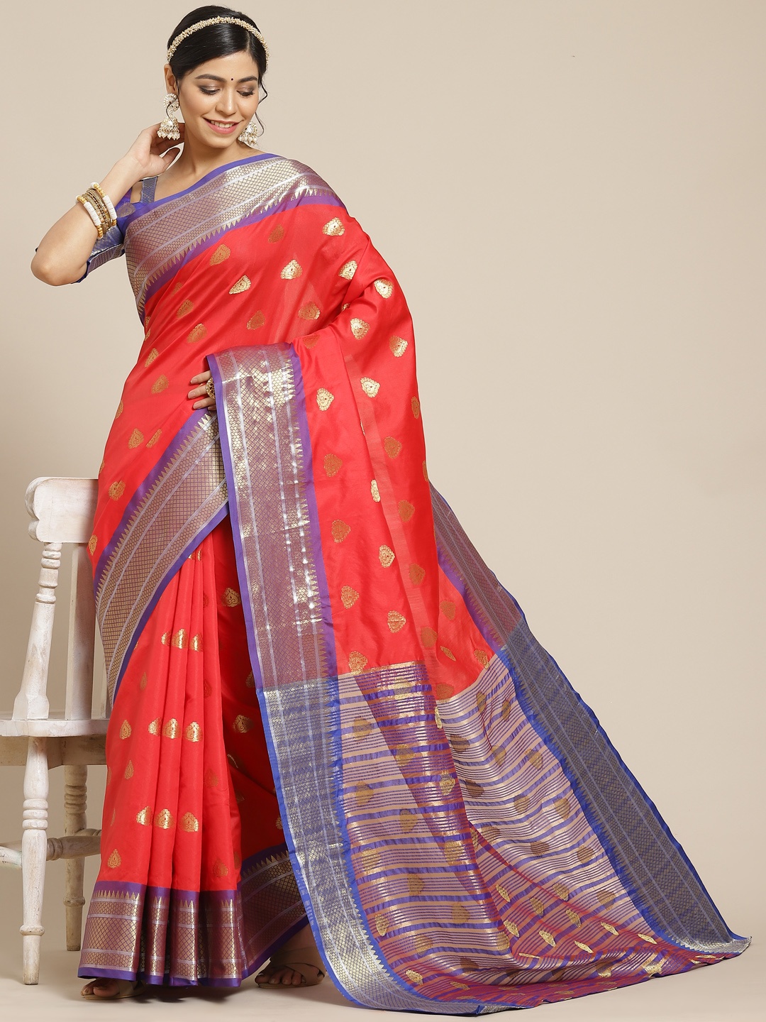 

Mitera Red & Purple Ethnic Motifs Zari Silk Blend Banarasi Saree