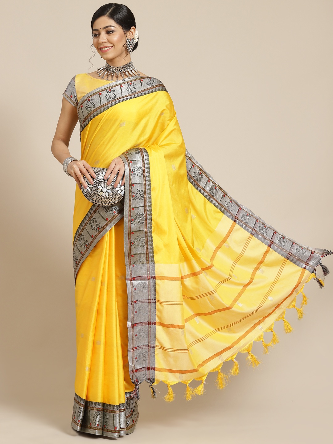 

Mitera Yellow & Silver-Toned Ethnic Motifs Silk Cotton Banarasi Saree
