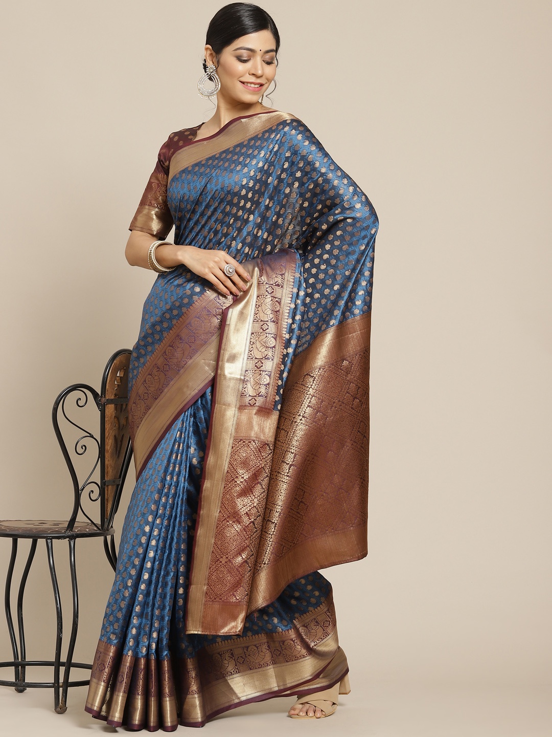 

Mitera Blue & Maroon Ethnic Motifs Silk Blend Banarasi Saree