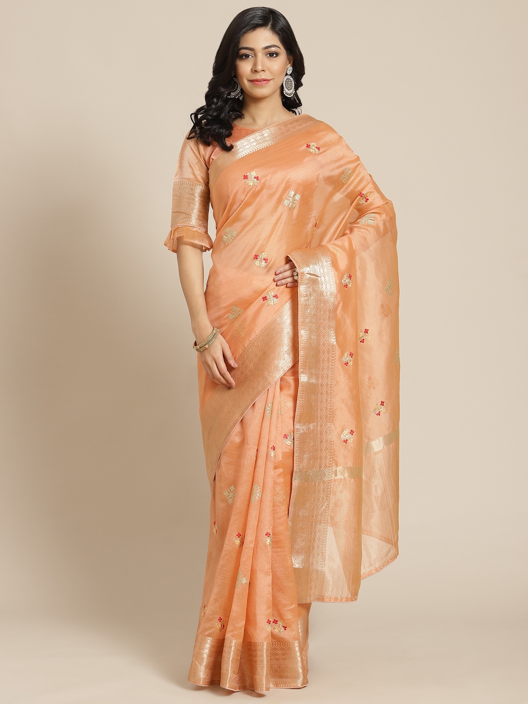 

Mitera Peach-Coloured Ethnic Motifs Silk Blend Banarasi Saree