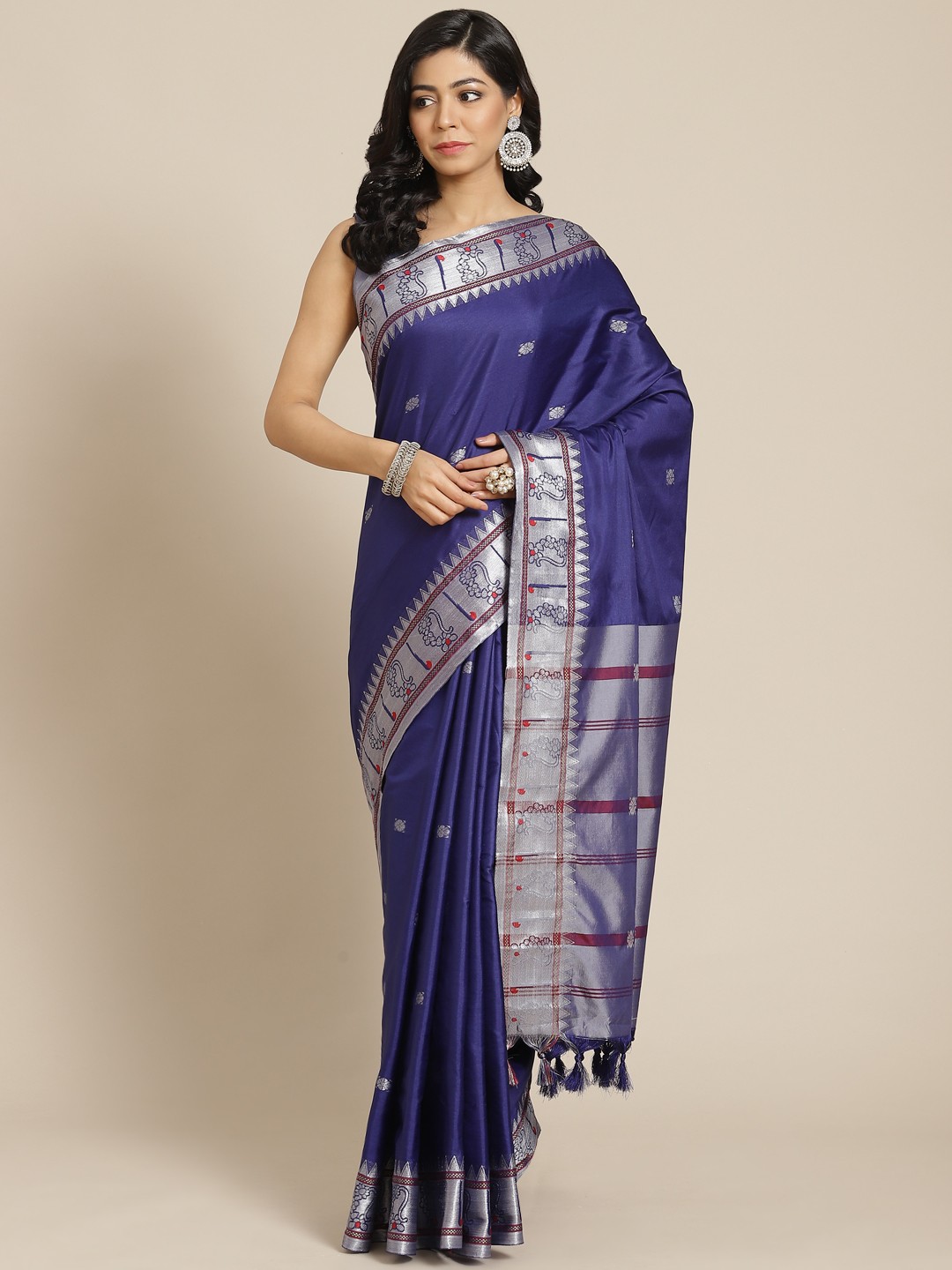 

Mitera Blue & Silver-Toned Ethnic Motifs Silk Cotton Banarasi Saree