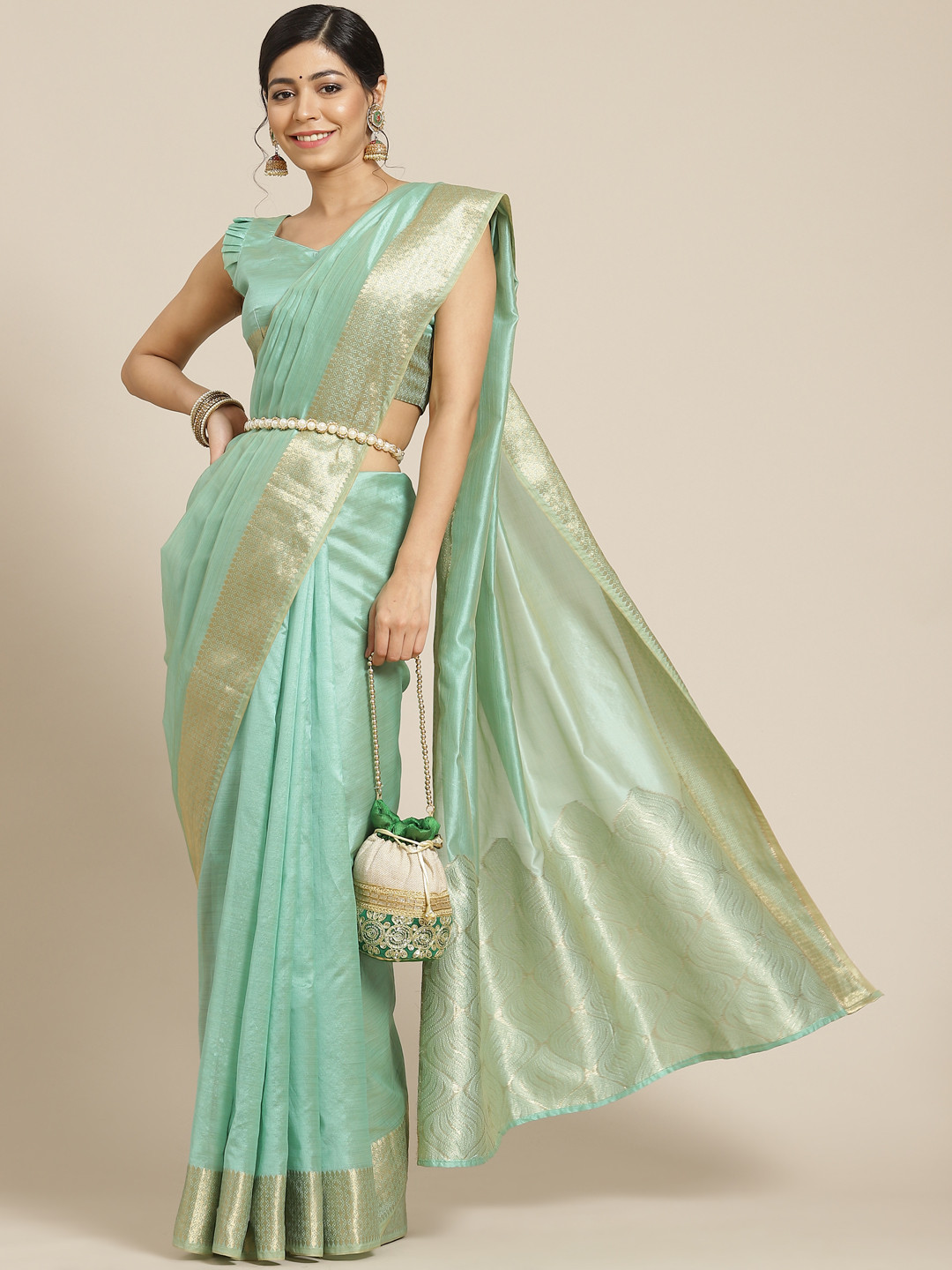 

Mitera Green Woven Design Zari Silk Blend Banarasi Saree