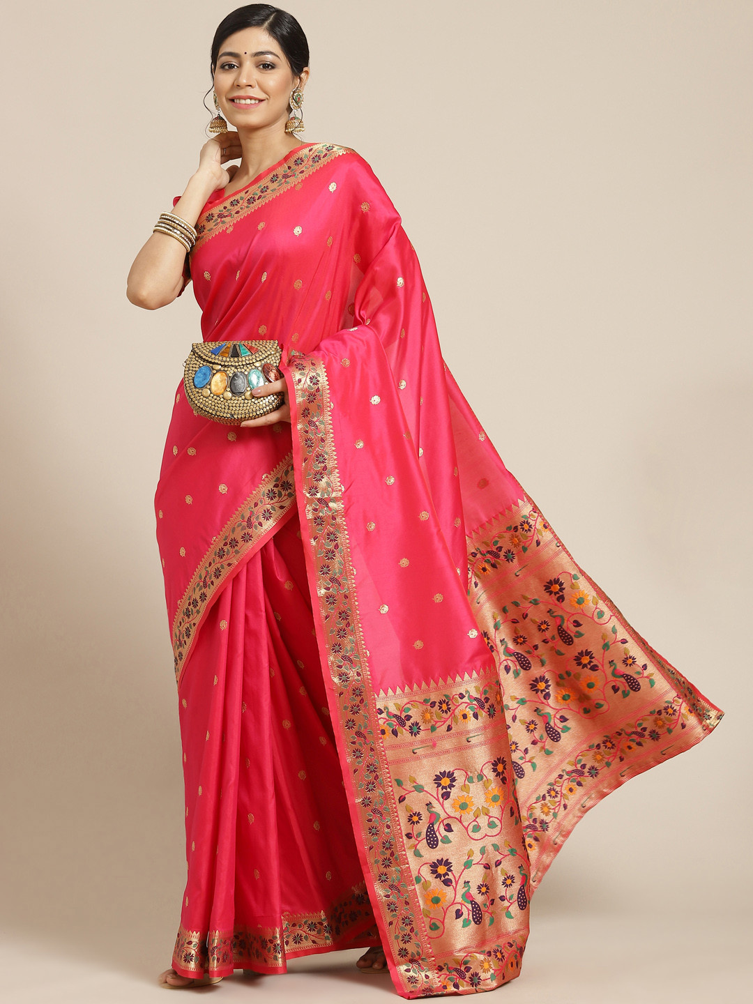 

Mitera Pink Ethnic Motifs Silk Blend Paithani Saree