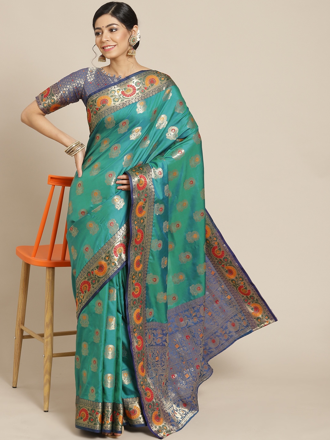 

Mitera Green Ethnic Motifs Silk Blend Banarasi Saree