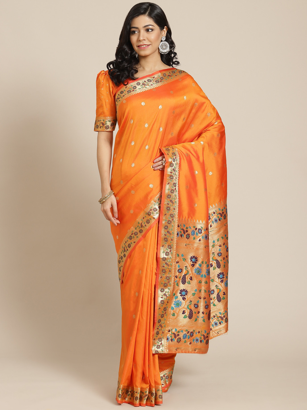 

Mitera Orange Ethnic Motifs Silk Blend Paithani Saree