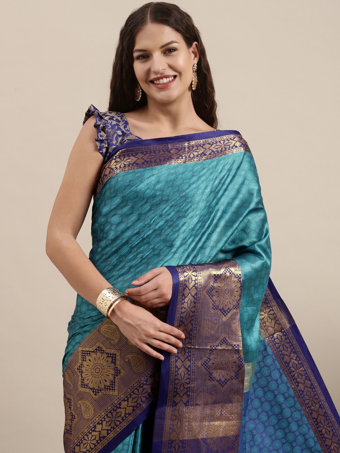

Satrani Blue & Gold-Toned Ethnic Motifs Woven Design Silk Cotton Banarasi Saree