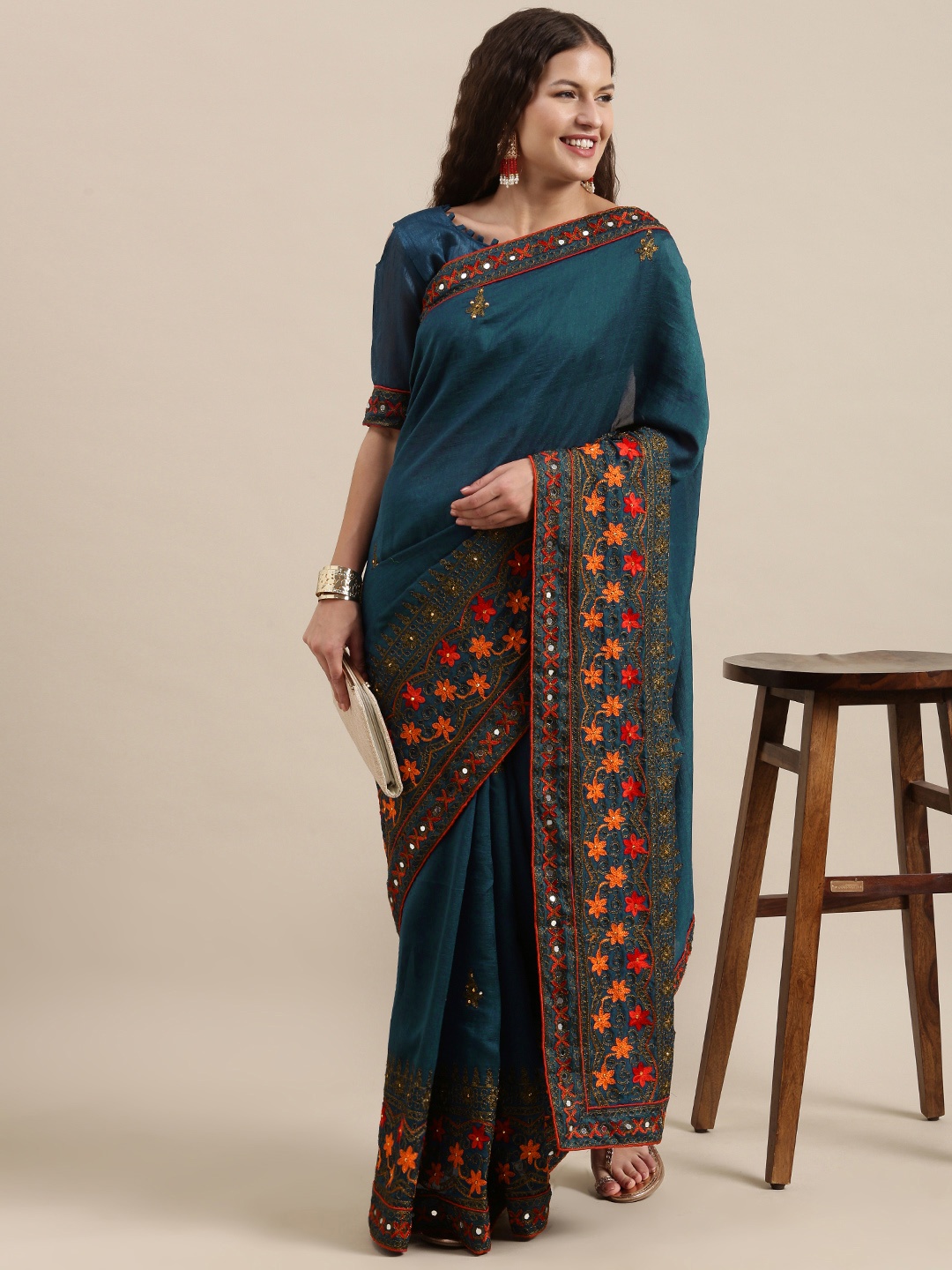 

Satrani Teal & Orange Floral Embroidered Mirror Work Embellished Silk Blend Saree