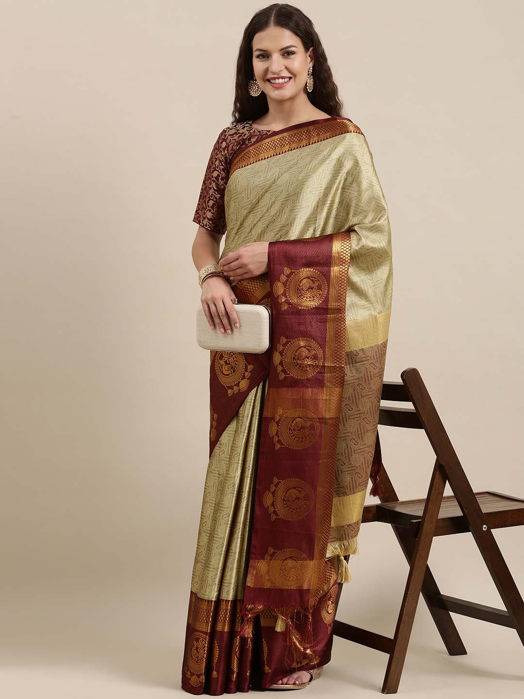

Satrani Beige & Maroon Ethnic Motifs Woven Design Jacquard Silk Cotton Banarasi Saree